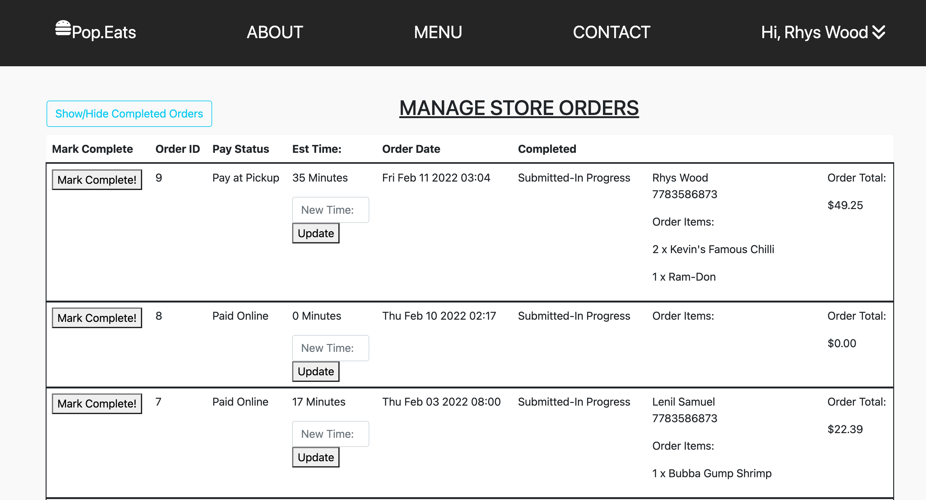 Pop.Eats management dashboard screenshot